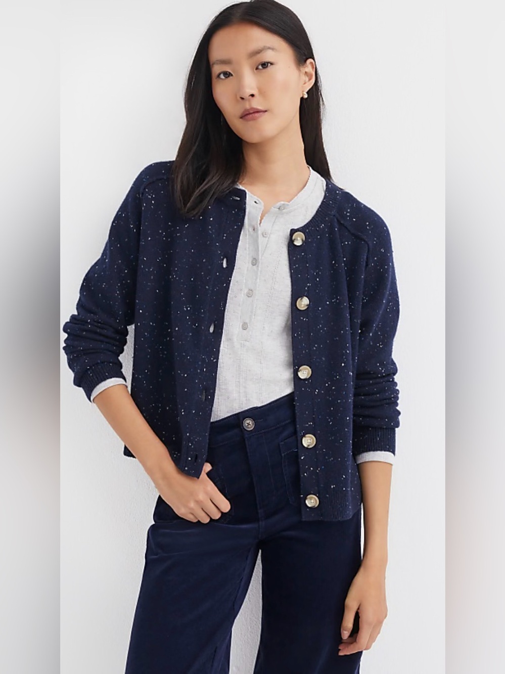 LOFT Flecked Saddle Sleeve Cardigan Navy Size LP